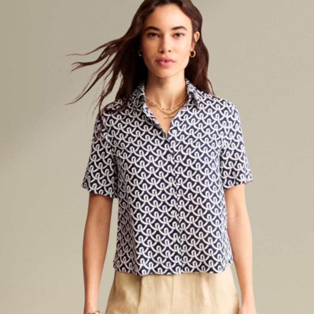 BODEN Hazel Short Sleeve Linen Shirt In Navy Blue White Geo Terrace Print Size 6